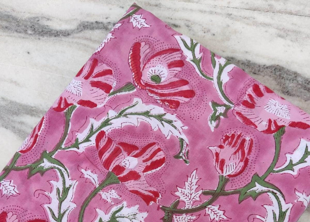 Pink Floral Cotton Fabric by the Yard, Soft Block Print Fabric for Quilting, Dressmaking, Handmade Textile, Loose Running Fabric Gifts