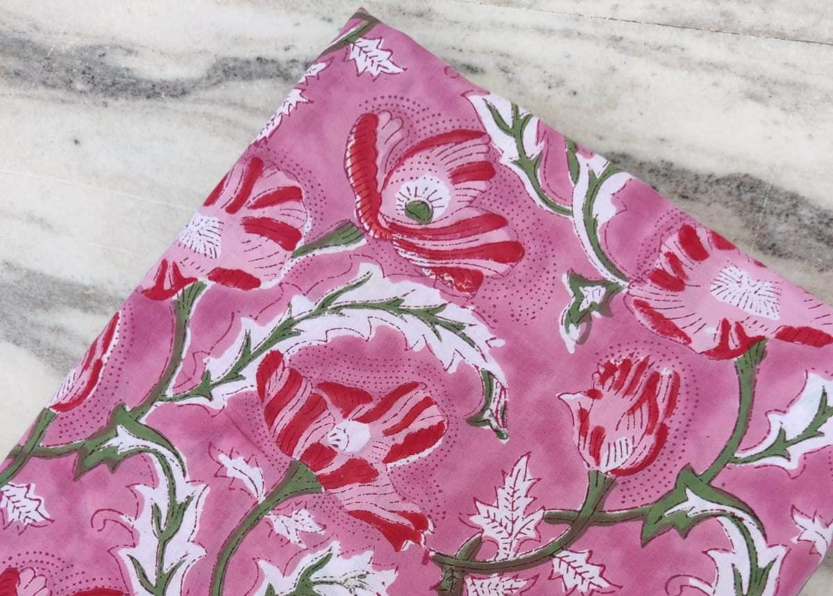 Pink Floral Cotton Fabric by the Yard, Soft Block Print Fabric for Quilting, Dressmaking, Handmade Textile, Loose Running Fabric Gifts