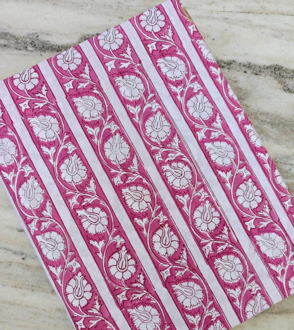 Pink Floral Stripe Cotton Fabric, Hand Block Print Fabric, Indian Cotton Textile, Upholstery Fabric, Dressmaking Fabric Craft Fabric by Yard