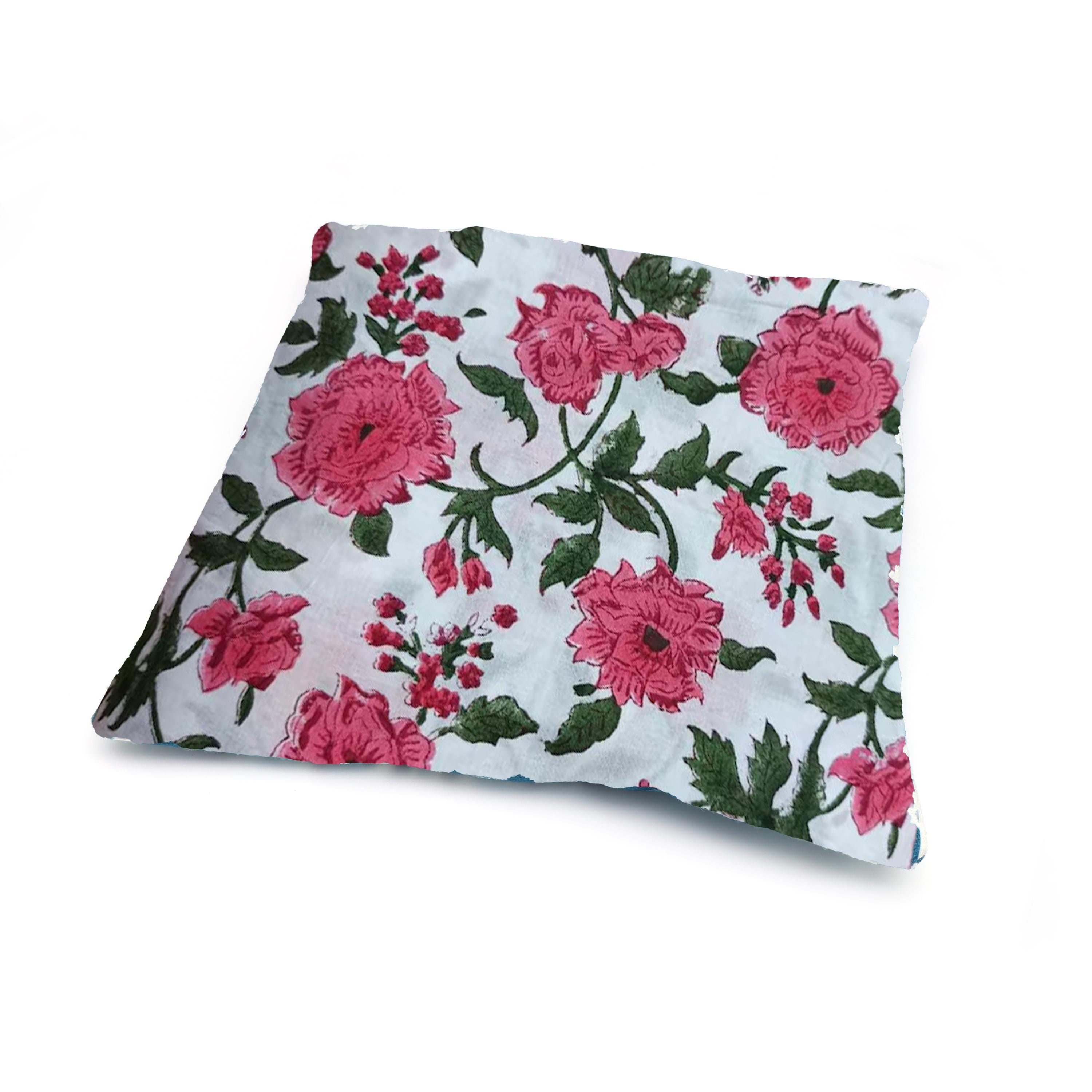 White Cotton Cushion Cover with Pink Floral Print | Hand Block Print Pillow Cover | Indian Decorative Cushion | Sofa & Bed Home Decor