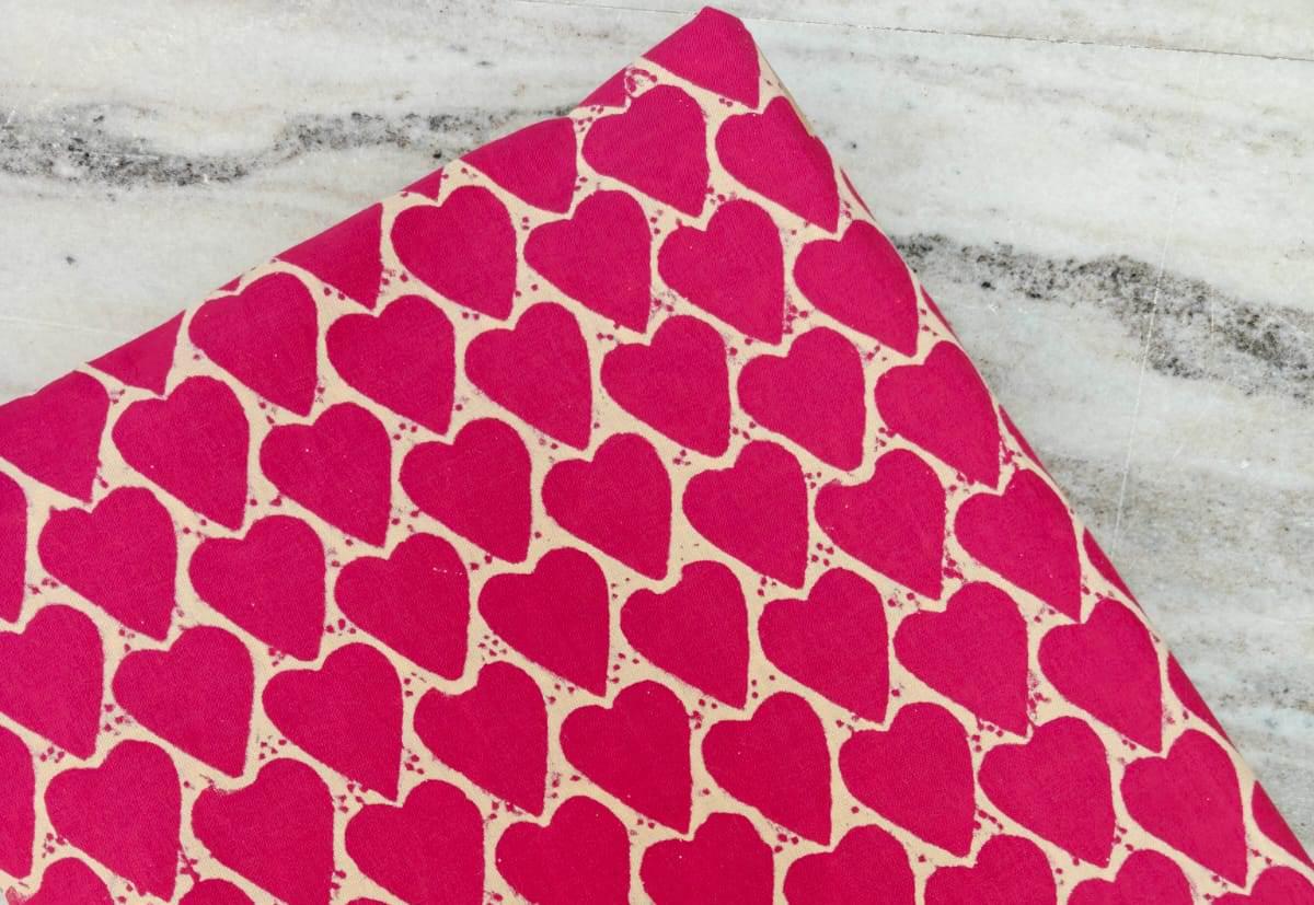 Red Heart Print Cotton Fabric, Valentine’s Day Indian Hand Block Print Fabric, Cute Block Print Fabric by the Yard, Loose Running Fabric