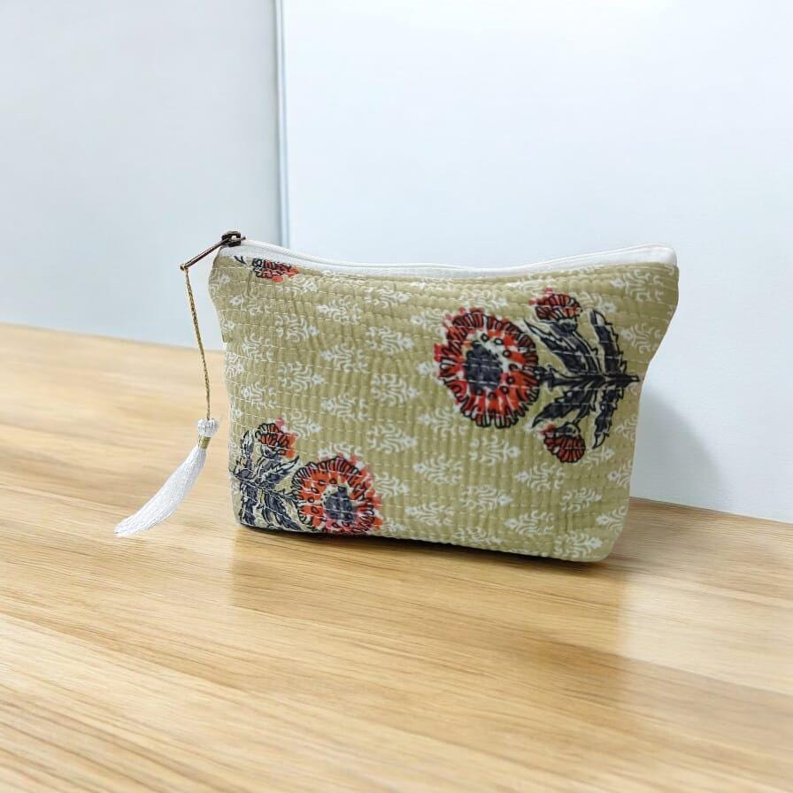 Cotton Floral Quilted Pouch | Handmade Zipper Bag with Tassel | Cosmetic Bag | Travel Makeup Pouch | Gift for Her | Indian Small Bags