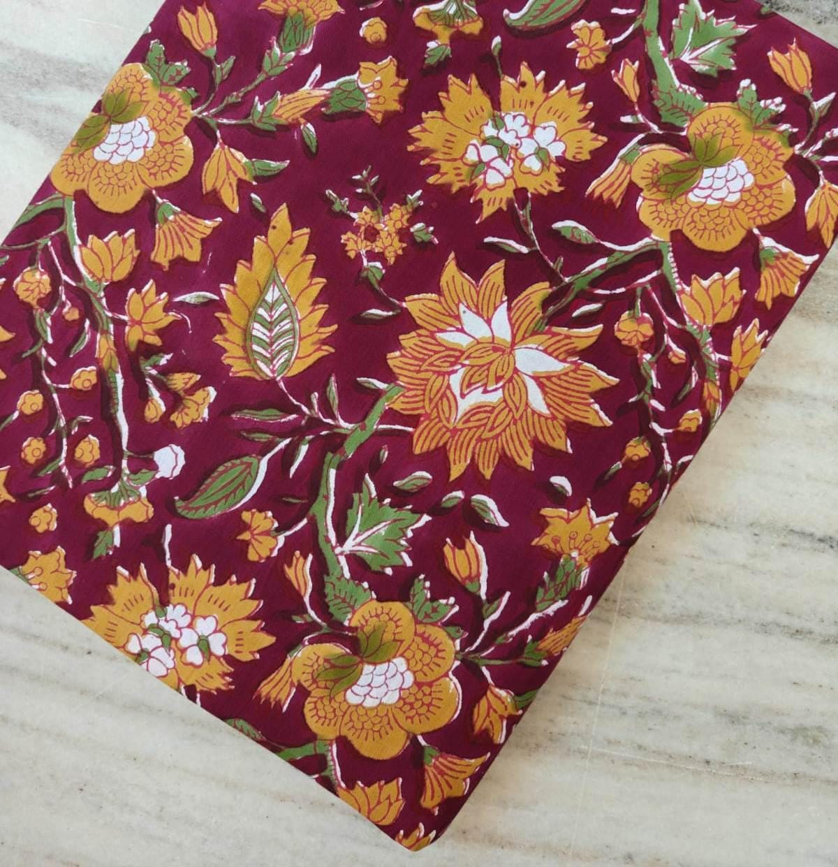 Maroon Yellow & Green Indian Hand Block Print Fabric, 100% Cotton Quilting Fabric By The Yard, Fabric For Dress Making, Loose Running Fabric