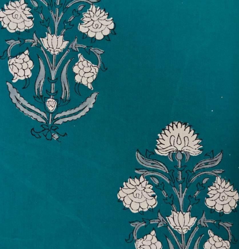 Teal Floral Cotton Fabric, Indian Block Print Fabric, Hand Block Style Fabric by the Yard Boho Floral Fabric for Sewing Quilting Dressmaking