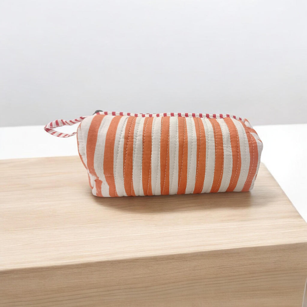 Orange Striped Quilted Makeup Pouch, Handmade Cotton Zip Bag, Small Travel Cosmetic Case with Wrist Loop, Boho Toiletry Pouch