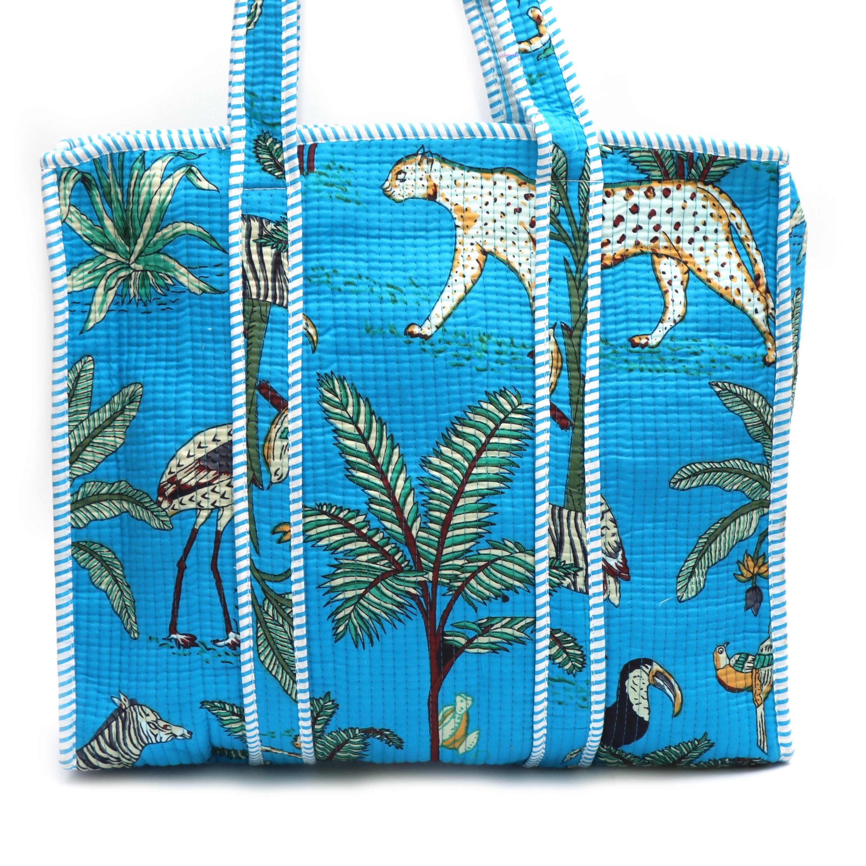 Tropical Jungle Tote Bag, Blue Leopard Print Beach Bag, Quilted Fabric Shopper, Safari Animal Tote, Reusable Market Bag, Gift for Her