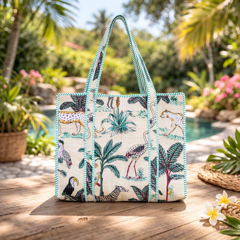 Jungle Print Quilted Tote Bag, Handmade Cotton Beach Bag, Safari Animal Shoulder Bag, Block Print Market Tote, Tropical Travel Bag