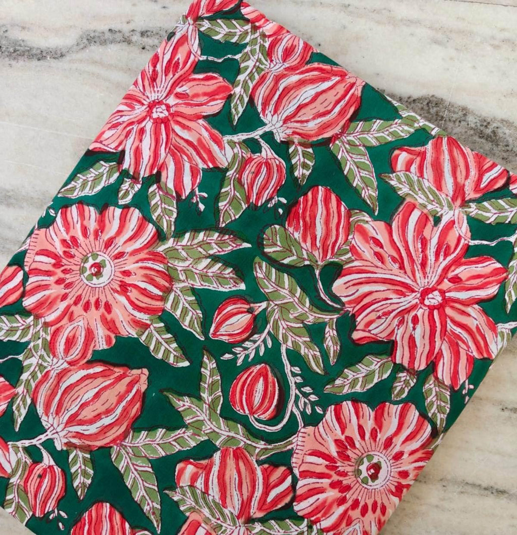 Green Red & Pink Indian Hand Block Print Fabric, 100% Cotton Quilting Fabric By The Yard, Fabric For Dress Making, Loose Running Fabric