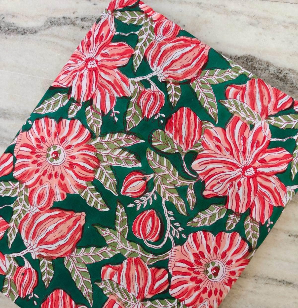 Green Red & Pink Indian Hand Block Print Fabric, 100% Cotton Quilting Fabric By The Yard, Fabric For Dress Making, Loose Running Fabric