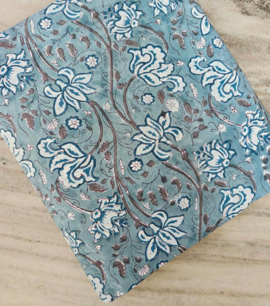 Blue Floral Cotton Fabric by the Yard, Indian Hand Block Print Cotton, Vintage Boho Floral Sewing Fabric, Quilting Dressmaking