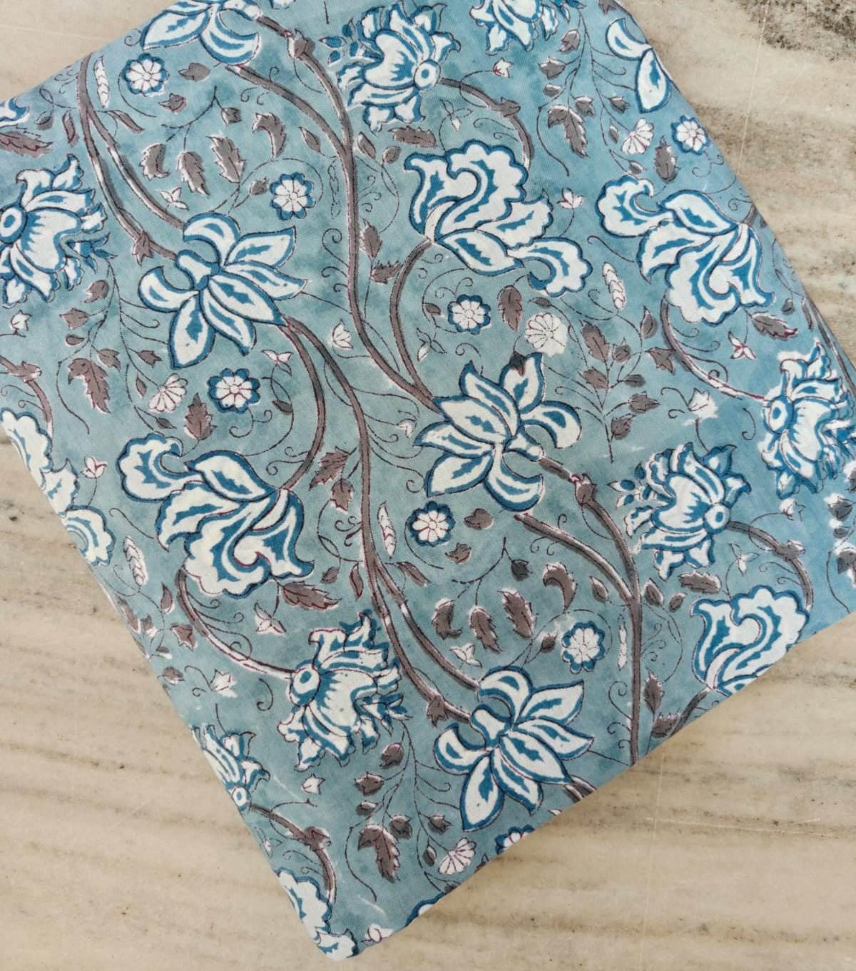 Blue Floral Cotton Fabric by the Yard, Indian Hand Block Print Cotton, Vintage Boho Floral Sewing Fabric, Quilting Dressmaking