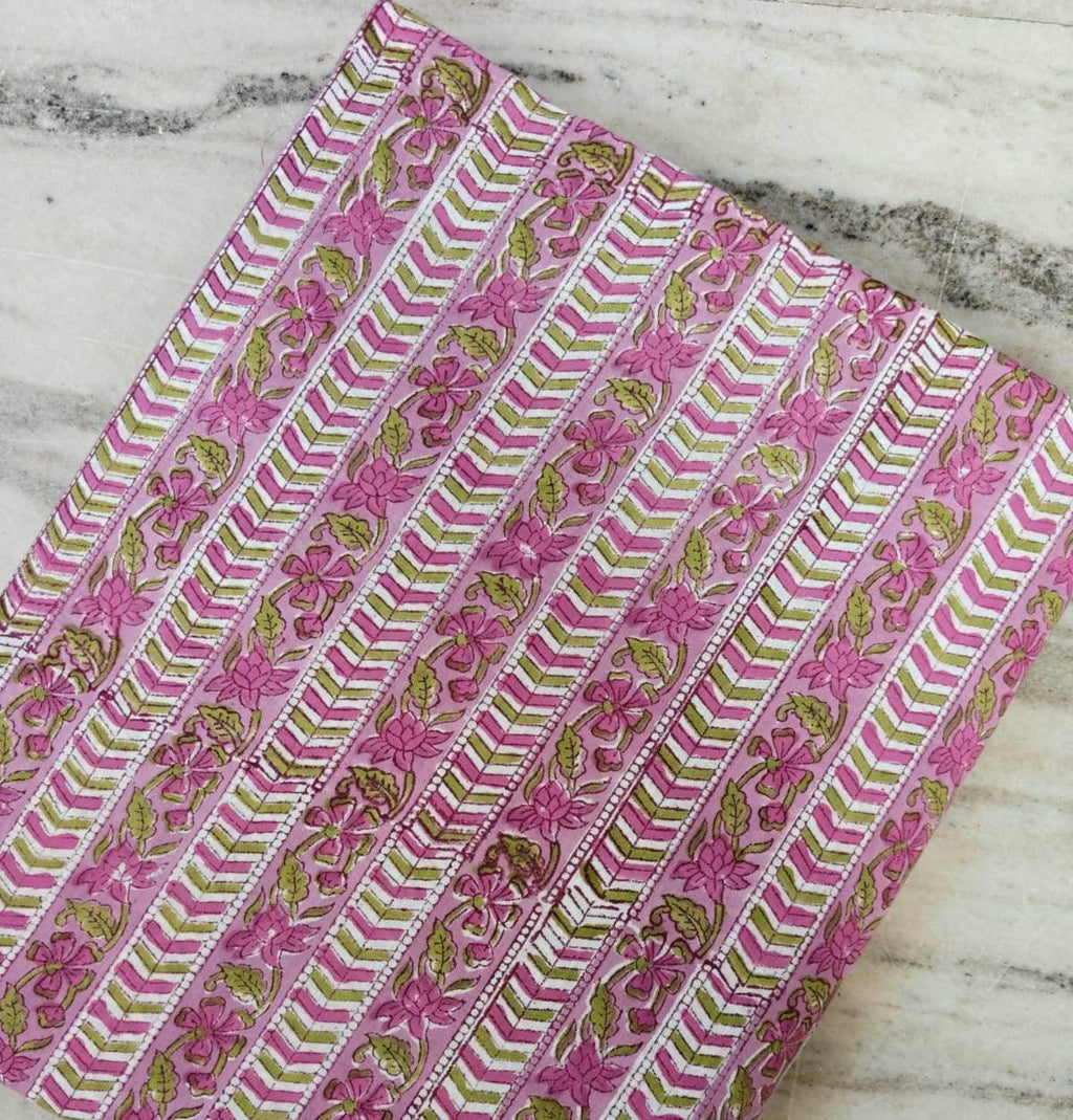 Pink Floral Cotton Fabric by the Yard, Block Print Stripe Pattern, Green & White Chevron, Indian Handmade Craft Fabric, Loose Running Fabric