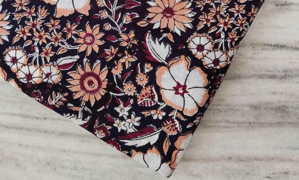 Black Floral Cotton Fabric | Hand Block Print Indian Fabric by the Yard | Boho Vintage Flowers | Quilting, Sewing, Dressmaking Material