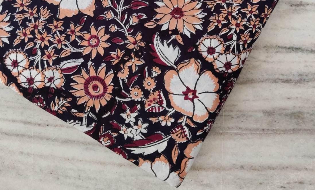 Black Floral Cotton Fabric | Hand Block Print Indian Fabric by the Yard | Boho Vintage Flowers | Quilting, Sewing, Dressmaking Material