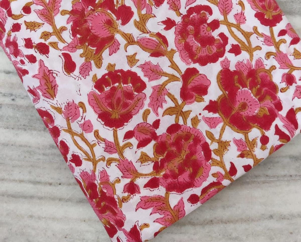 Pink Red Designer Hand Block Print Fabric, Floral 100% Cotton Quilting Fabric By The Yard, Fabric For Dress Making, Loose Running Fabric