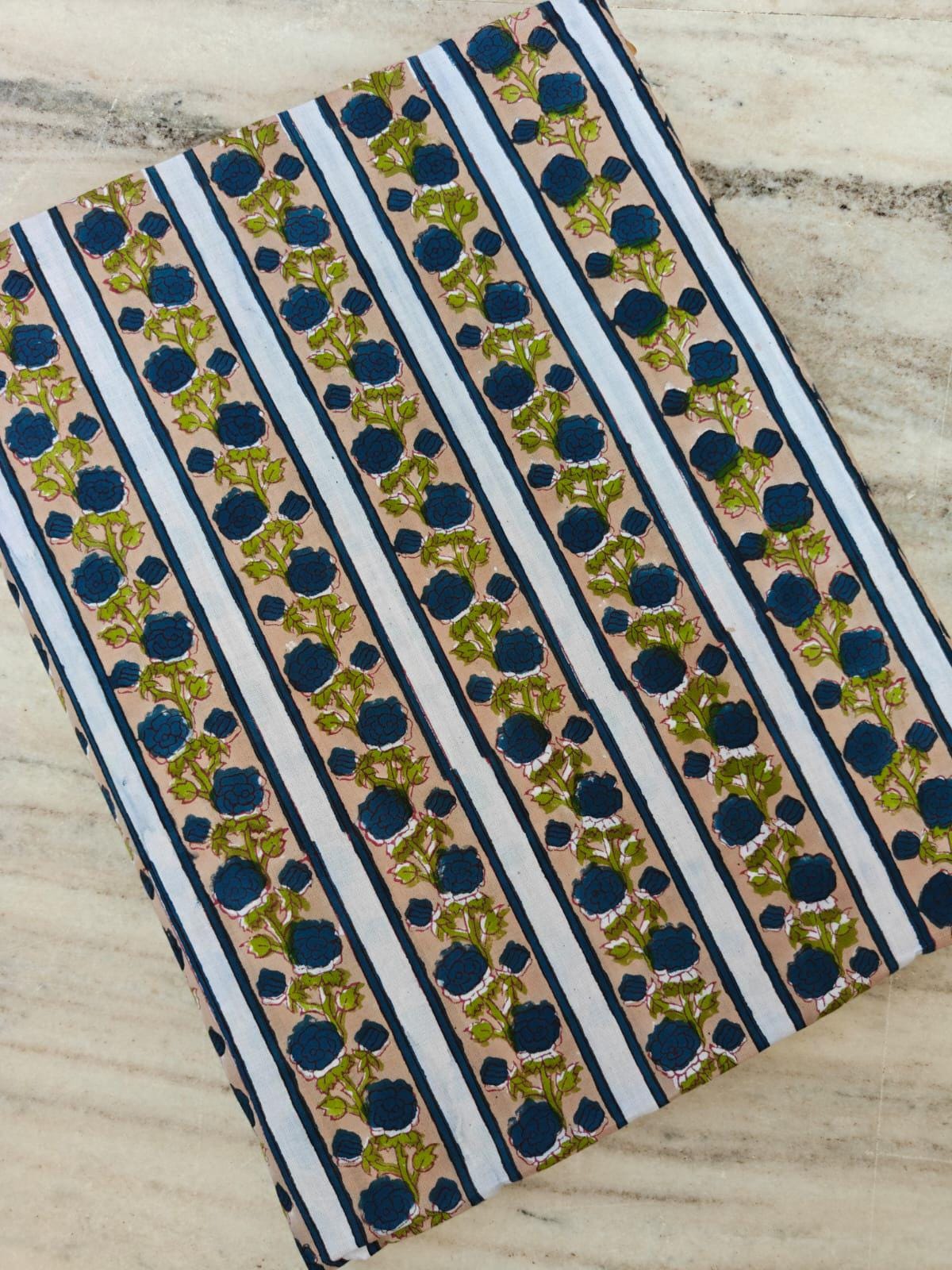 Black Floral Stripe Cotton Fabric by Yard, Blue Flower Cotton Fabric, Indian Block Print Fabric, Striped Floral Cotton for Dress Making