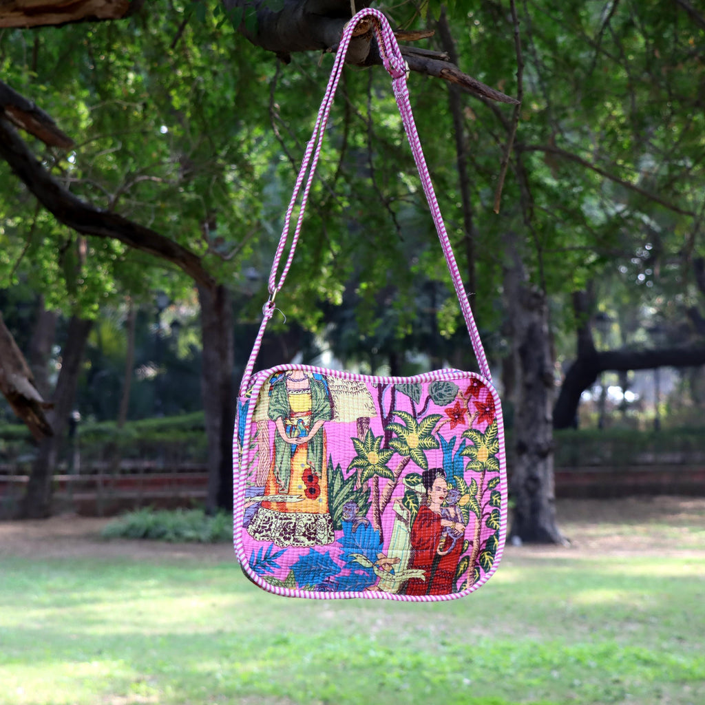 Handmade Quilted Crossbody Bag, Pink Cotton Sling Purse, Folk Art Print Shoulder Bag, Lightweight Boho Everyday Bag, Adjustable Strap