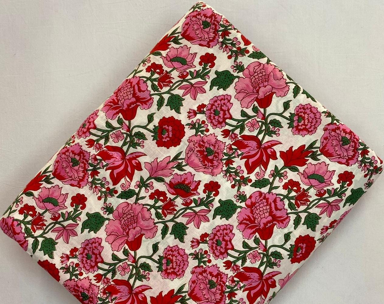 Red Pink Floral Cotton Fabric by Yard, Vintage Flower Print on Cream Base, Indian Block Print Cotton, Quilting Dressmaking Craft Fabric