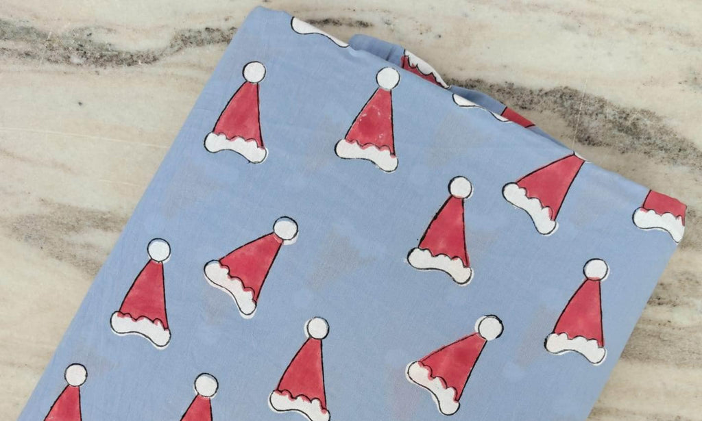 Christmas Santa Hat Cotton Fabric | Red Santa Cap Print | Holiday Sewing Material | Quilting, Christmas Fabric By The Yard | Gift For Her