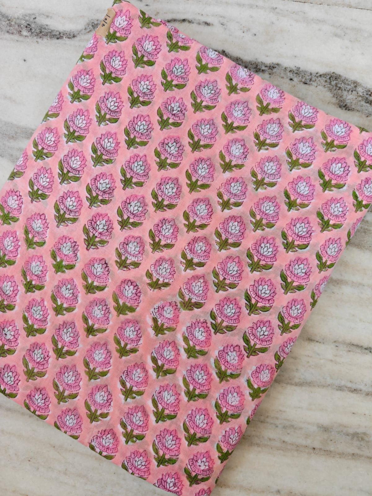 Pink Floral Cotton Fabric, Hand Block Print Fabric, Indian Buti Print Cotton, Soft Lightweight Fabric for Dressmaking, Quilting & Crafts