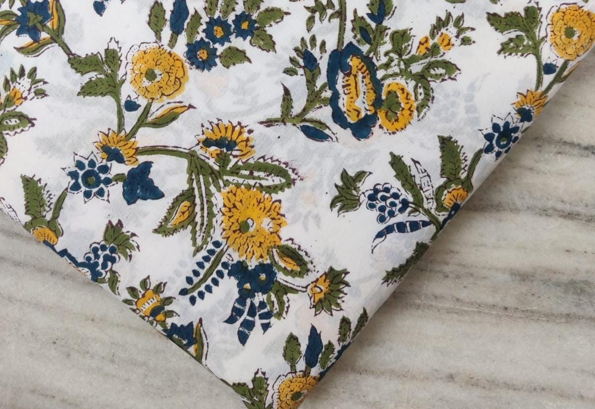 Floral Keri Design Soft Cotton Fabric, Indian Hand Block Print Fabric, 100% Cotton Fabric By The Yard, Fabric for Loose Running, Dressmaking