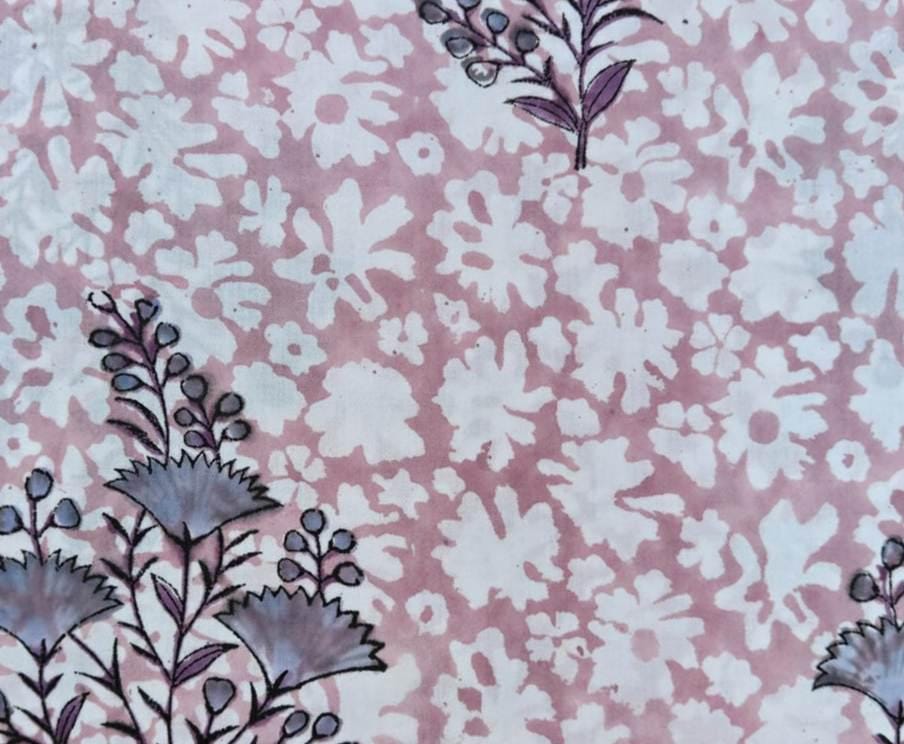 Pink Cotton Fabric with Green Floral Print, Handmade Indian Block Print Fabric by the Yard, Soft Cotton for Quilting, Sewing, Dressmaking
