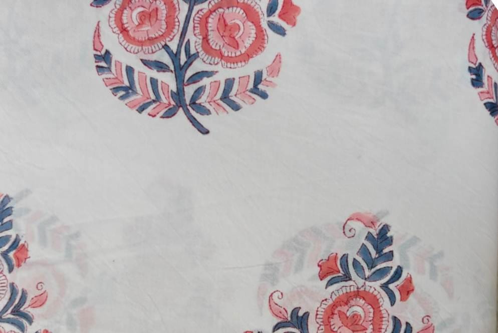 Pink Blue Floral Cotton Fabric, Indian Block Print Fabric, White Floral Cotton Fabric by the Yard, Hand Block Fabric, Dressmaking Fabric