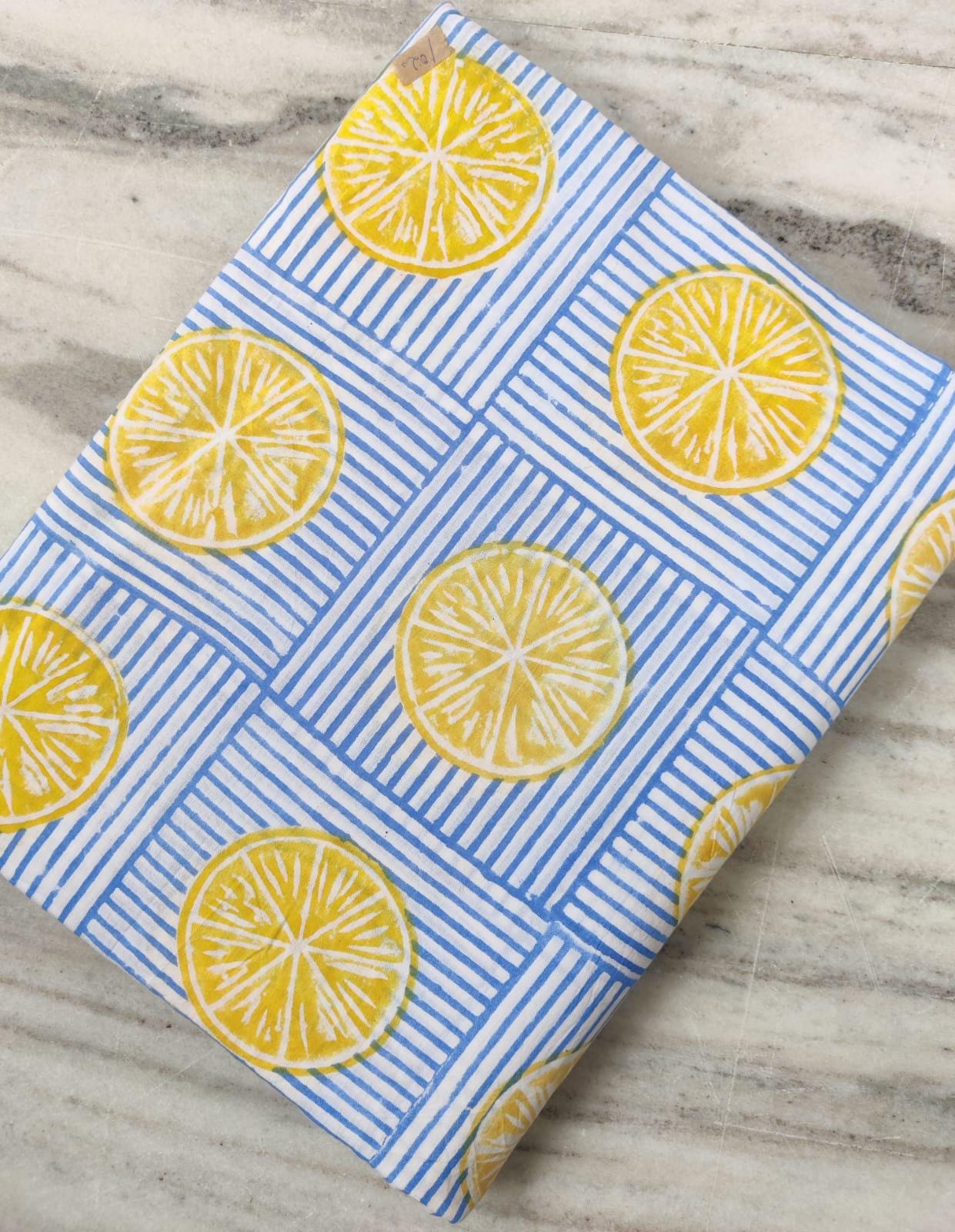 Blue Floral Cotton Fabric, Lemon Slice Hand Block Fabric Print by the Yard, Yellow Citrus Print on Striped Background, Indian Soft Cotton