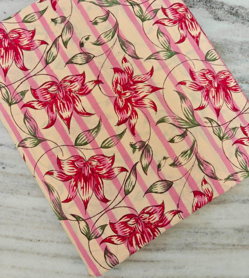 Red Floral Cotton Fabric, Pink Stripe Background, Indian Block Print Style, Dressmaking, Quilting & Home Decor Fabric by the Yard, Napkins