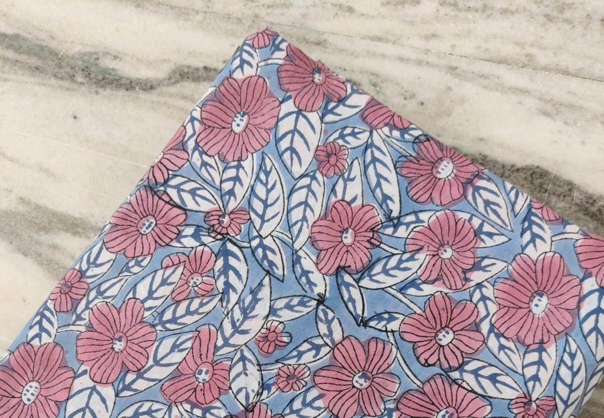 Blue Pink Floral Cotton Fabric by the Yard, Soft Lightweight Quilting Fabric, Printed Dressmaking Cloth for Sewing, Handmade Textile
