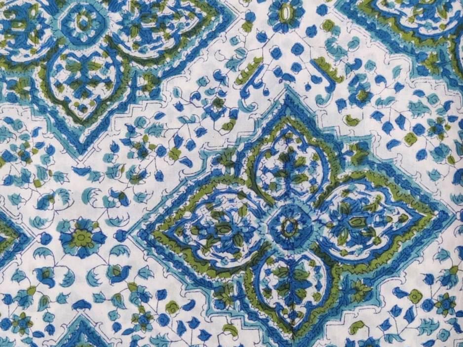 Blue Green Floral Tile Cotton Fabric by the Yard, White Base Block Print Fabric, Indian Cotton for Quilting, Dressmaking, Sewing & Crafts