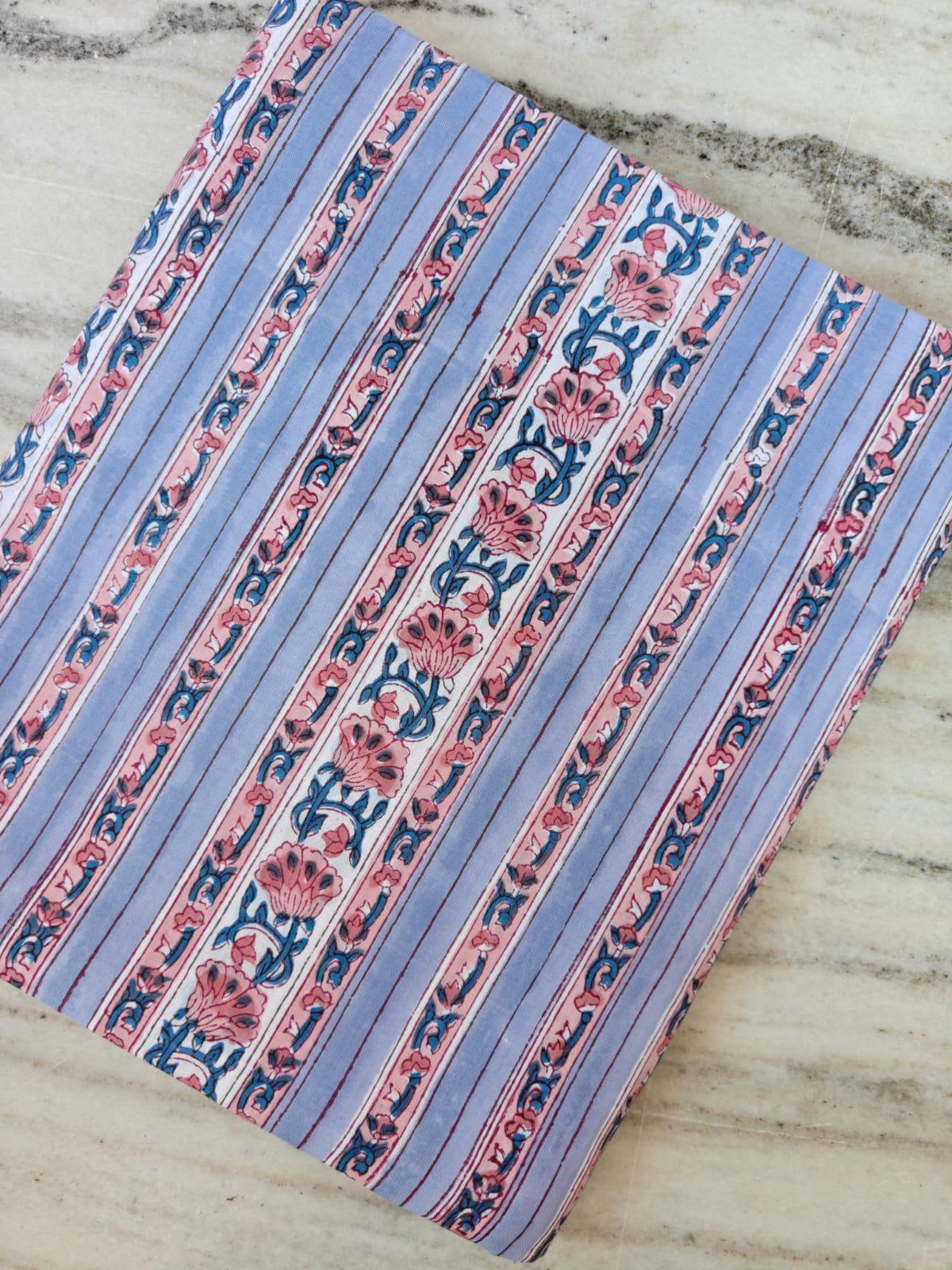 Blue Pink Floral Cotton Fabric, Indian Block Print Fabric, Striped Flower Cotton Fabric, Hand Block Print Style Fabric, Dressmaking Cotton