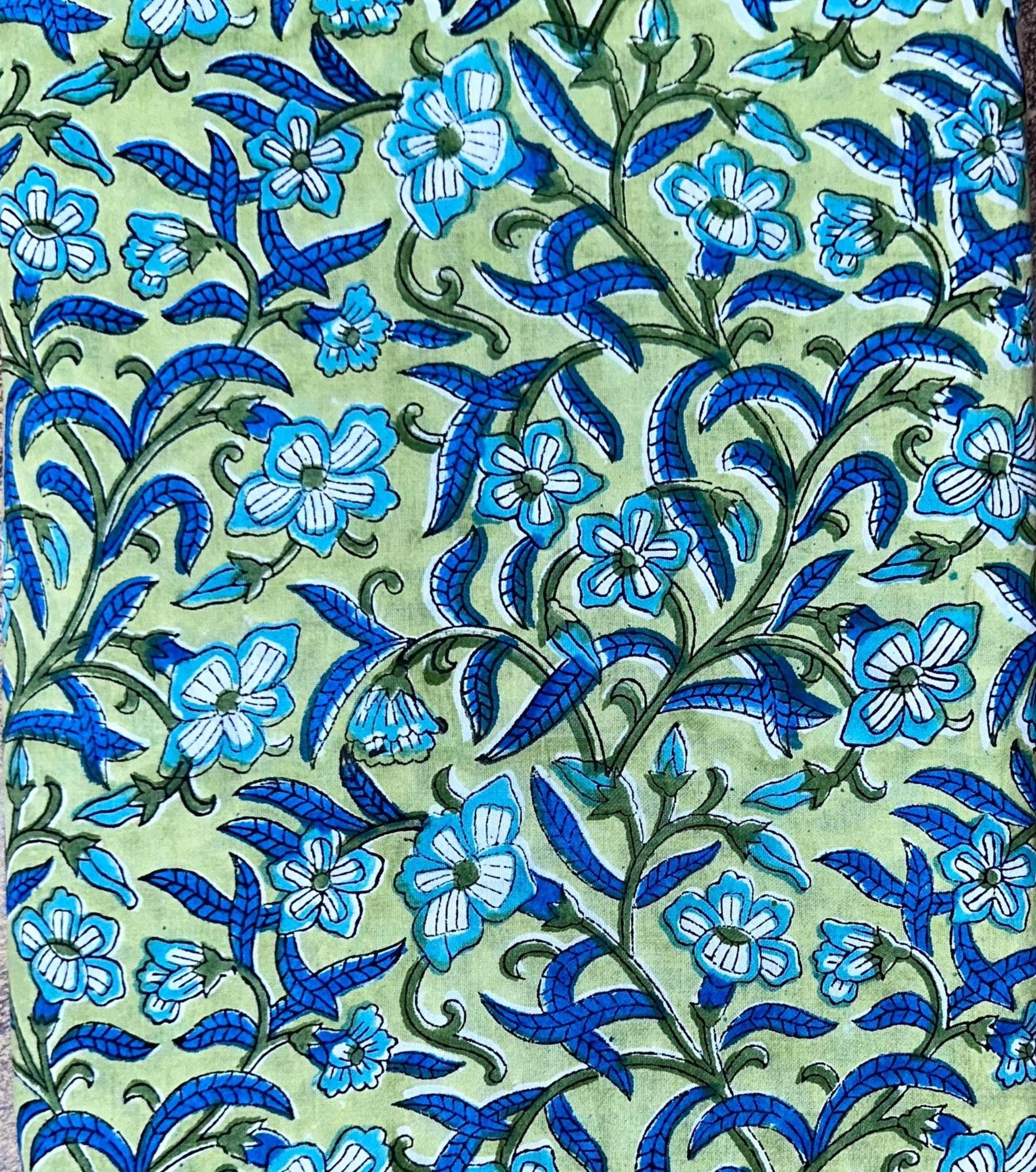 Indian Hand Block Green Blue Floral Printed Fabric By The Yard Running Cotton Fabric, Soft Lightweight Fabric, Loose Running Fabric, Napkins