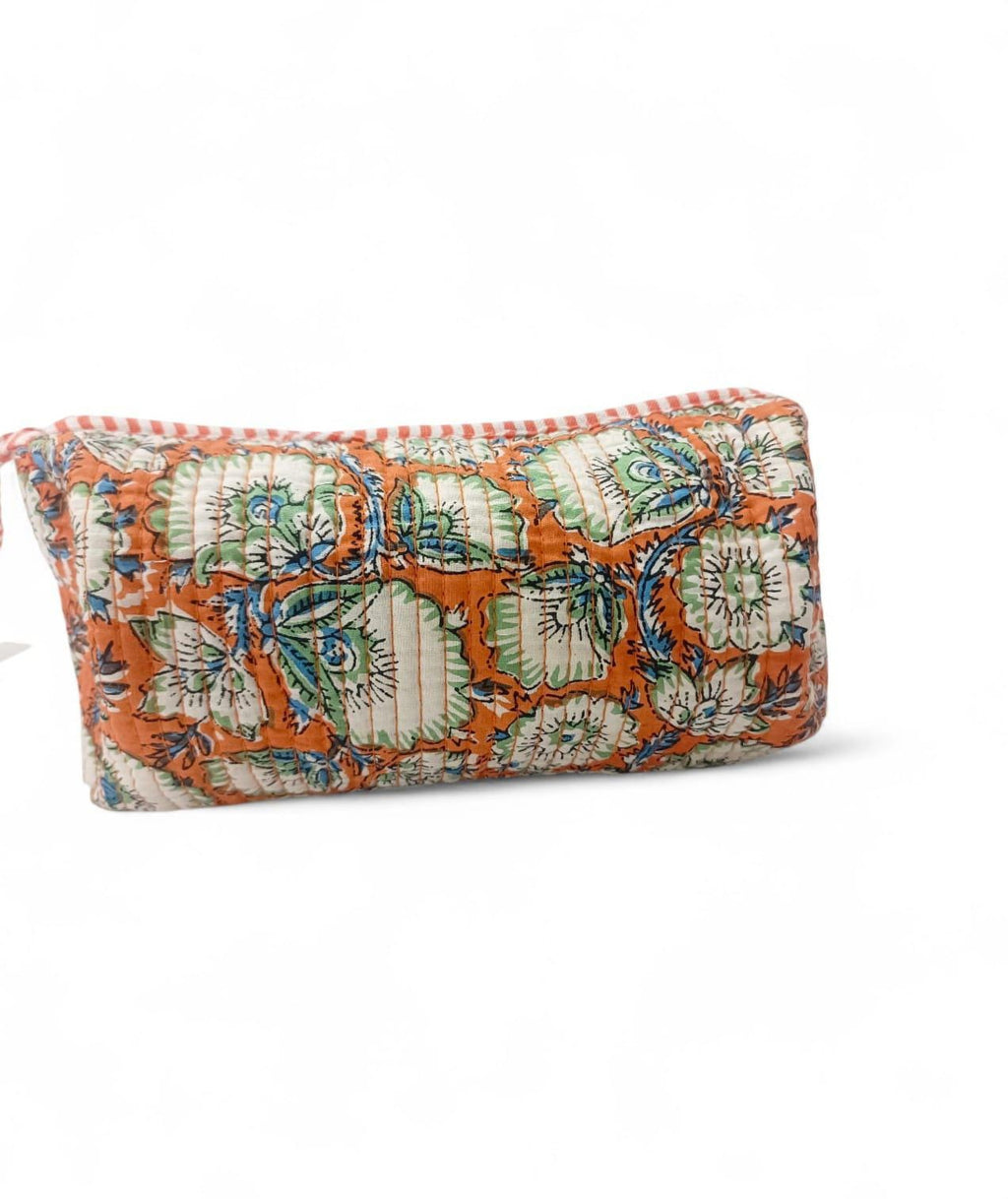 Quilted Floral Makeup Bag, Handmade Cotton Cosmetic Pouch, Orange Block Print Toiletry Bag, Zipper Travel Clutch, Gift for Her