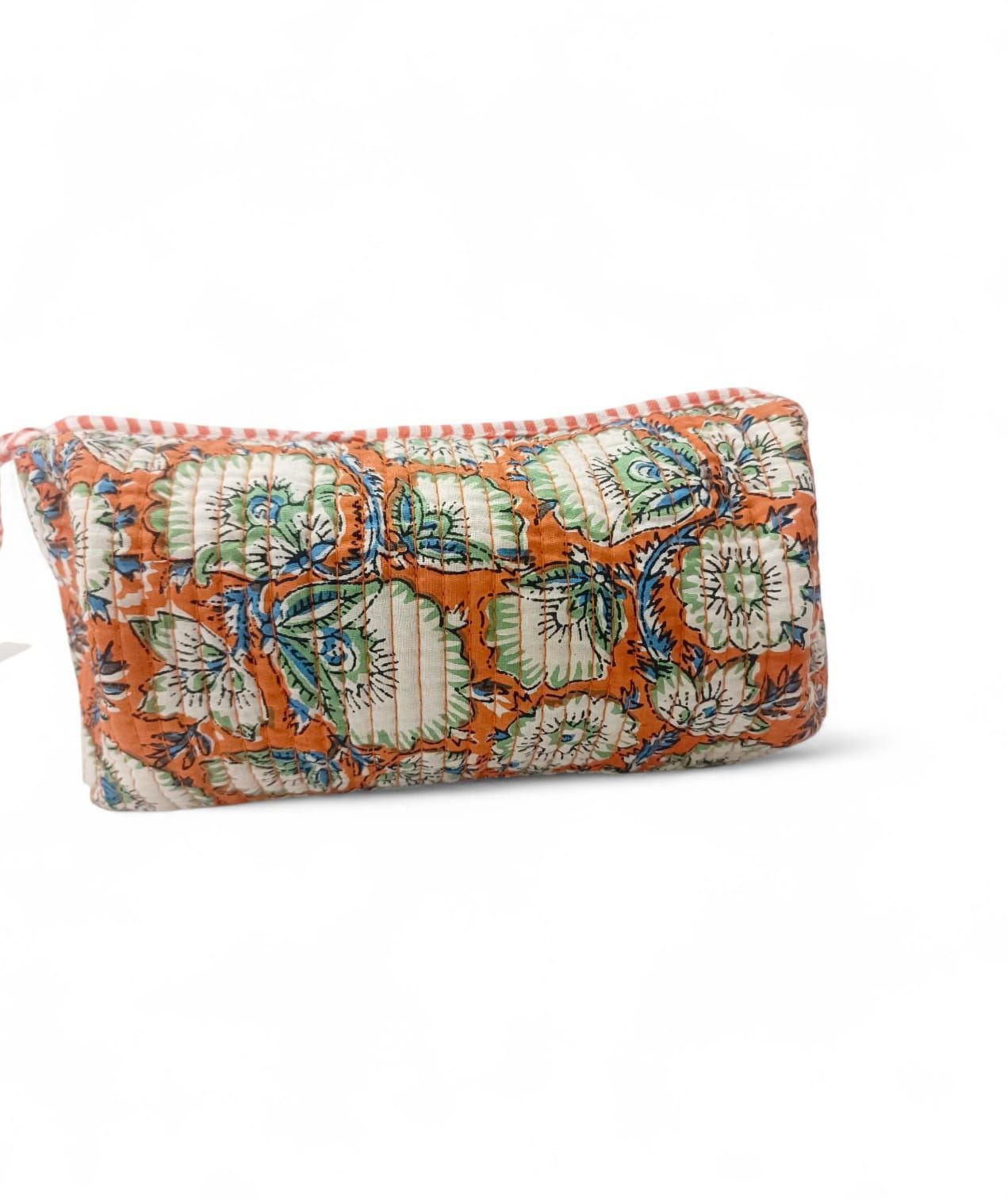Quilted Floral Makeup Bag, Handmade Cotton Cosmetic Pouch, Orange Block Print Toiletry Bag, Zipper Travel Clutch, Gift for Her
