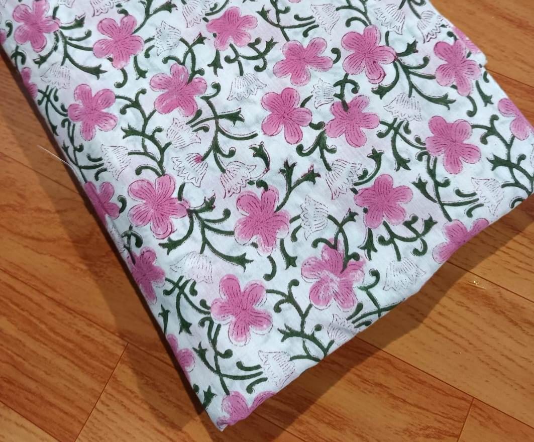 Pink Indian Hand Block Print Fabric, 100% Cotton Quilting Fabric By The Yard, Fabric For Dress Making, Loose Running Fabric, Napkin Fabric
