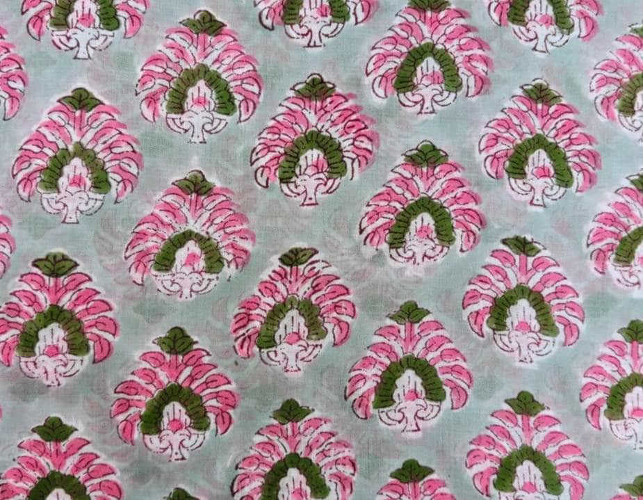 Hand Block Print Cotton Fabric, Pink Floral on Mint Green, Indian Cotton Textile, Soft Lightweight Fabric for Dressmaking, Quilting & Crafts