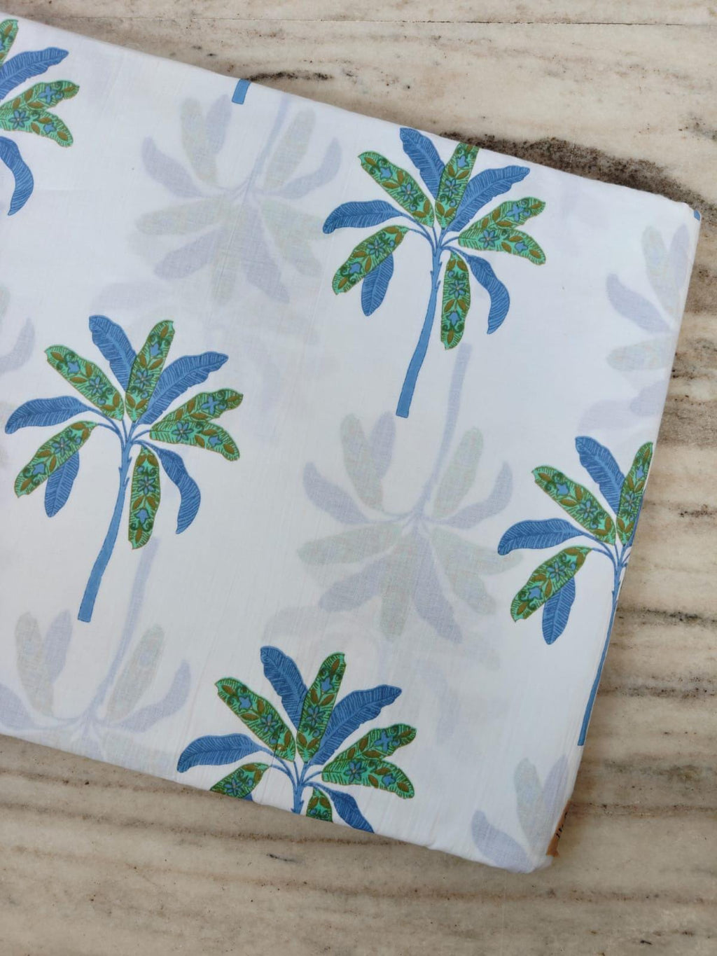 Blue Green Palm Tree Cotton Fabric, Tropical Print Fabric by the Yard, Beach Theme Sewing Fabric, Lightweight Cotton for Quilting & Apparel