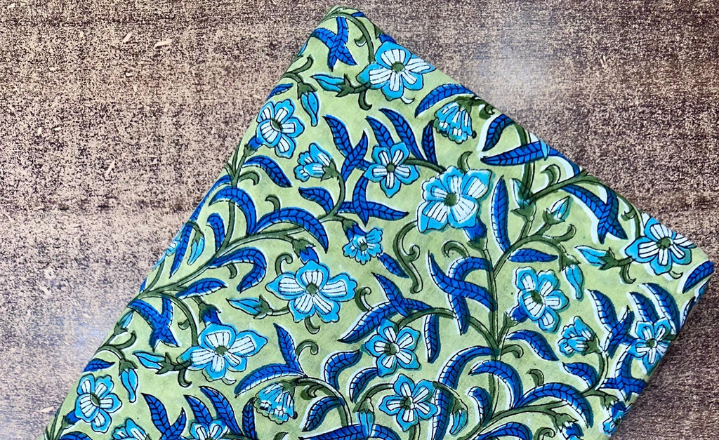 Indian Hand Block Green Blue Floral Printed Fabric By The Yard Running Cotton Fabric, Soft Lightweight Fabric, Loose Running Fabric, Napkins
