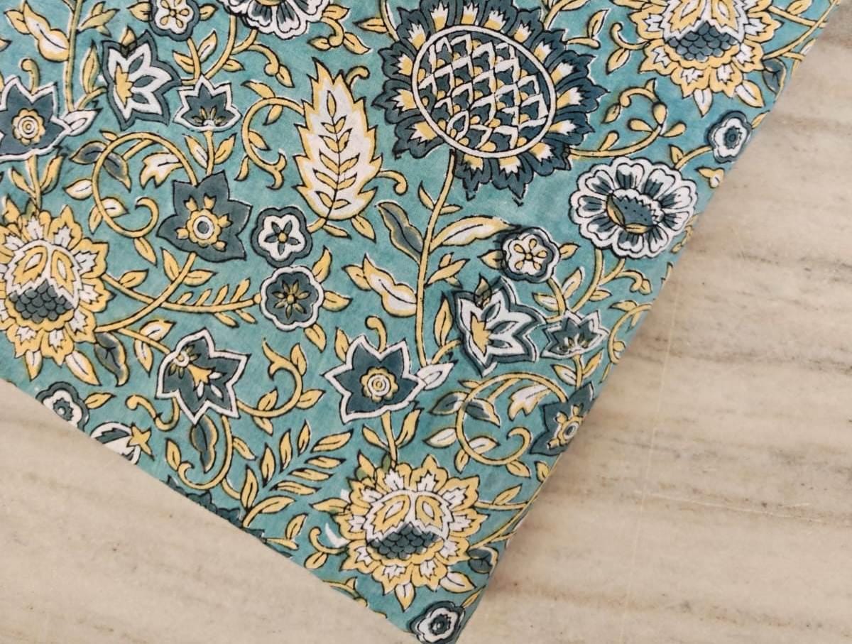 Teal Blue Floral Cotton Fabric, Hand Block Print Indian Cotton, Vintage Botanical Fabric for Quilting,  Dress Making Fabric, Running Fabric
