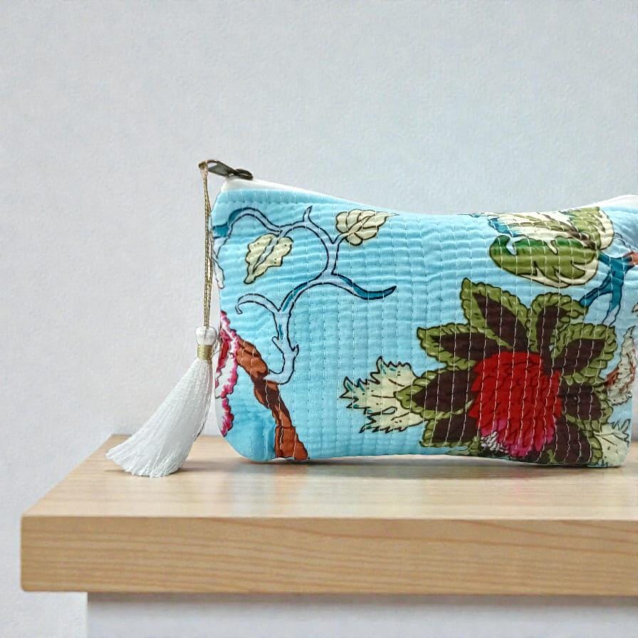 Floral Kantha Quilt Pouch | Blue Zipper Cosmetic Bag | Travel Toiletry Pouch | Waterproof Bags | Tassel Zipper Bags