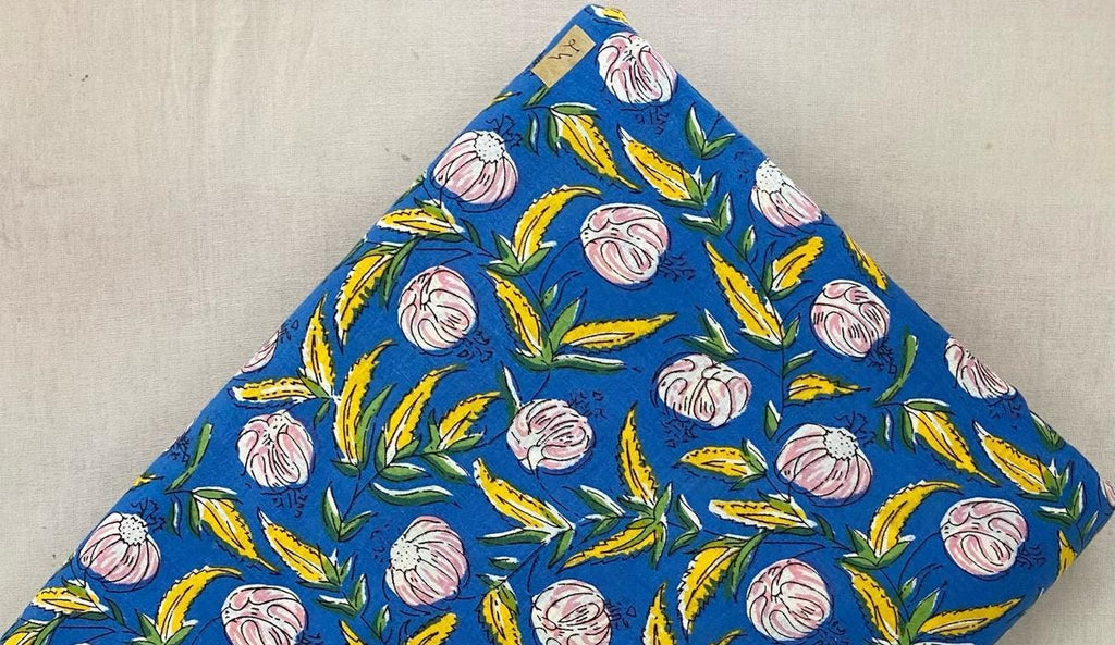 Blue Floral Cotton Fabric, Hand Block Print Fabric, Yellow Leaf Pink Flower Fabric, Indian Cotton Fabric by Yard Dressmaking Quilting Fabric