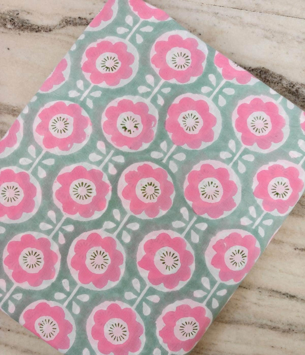 Pink Floral Cotton Fabric, Mint Green Flower Print Fabric, Block Print Fabric, Soft Cotton Fabric by Yard, Summer Dress Fabric, Home Decor