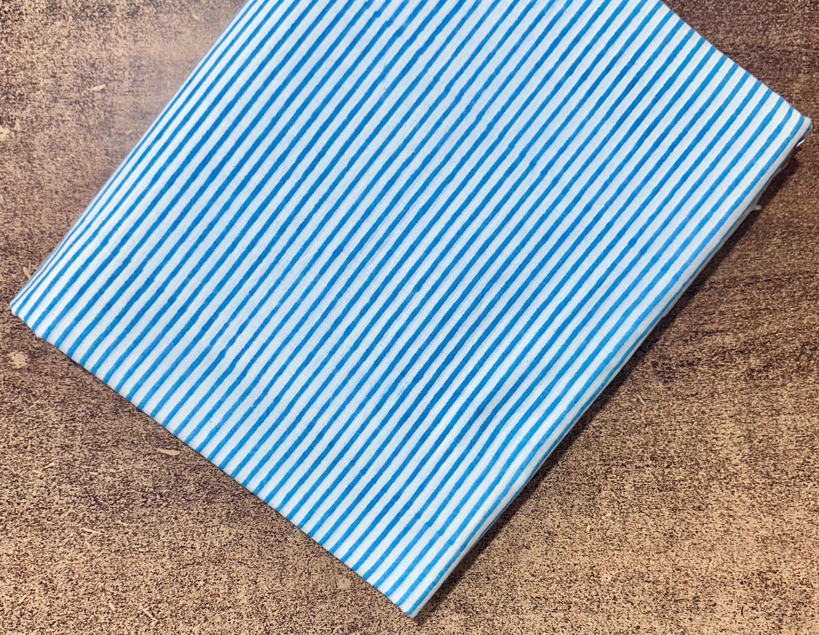 Blue White Striped Cotton Fabric | Hand Block Print Indian Cotton | Natural Cotton Fabric for Sewing Quilting | Wooden Background | Napkins