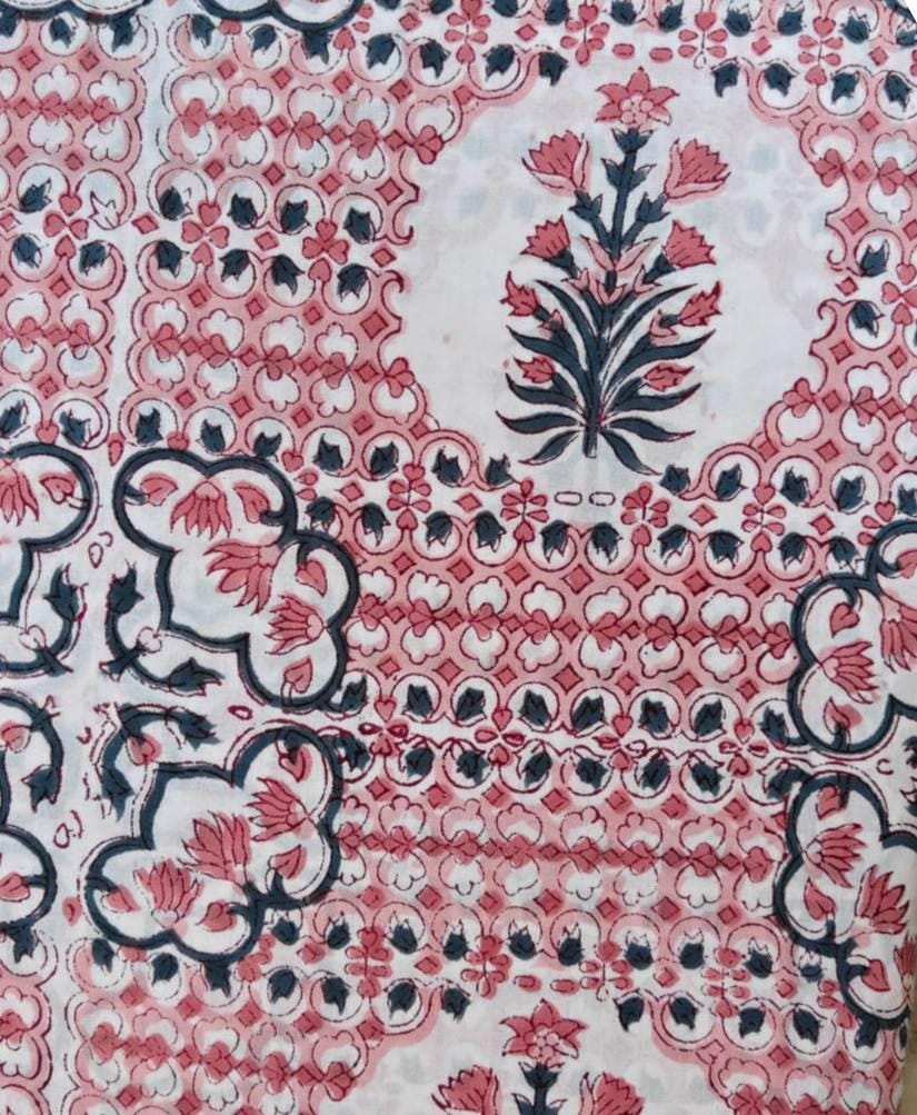 Pink Floral Cotton Fabric, Indian Block Print Style, Vintage Medallion Botanical Fabric, Quilting Sewing Fabric By The Yard, Running Fabric