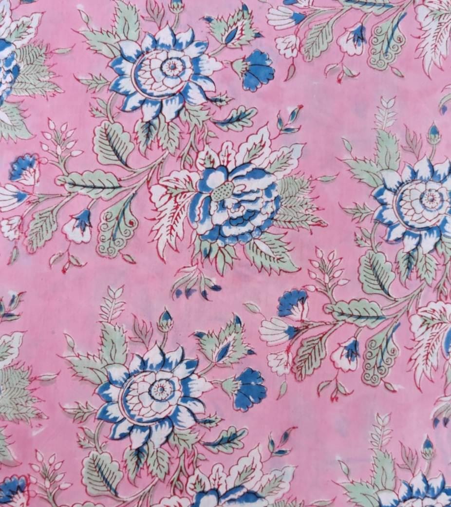 Pink Blue Designer Hand Block Print Fabric, Floral 100% Cotton Quilting Fabric By The Yard, Fabric For Dress Making, Loose Running Fabric