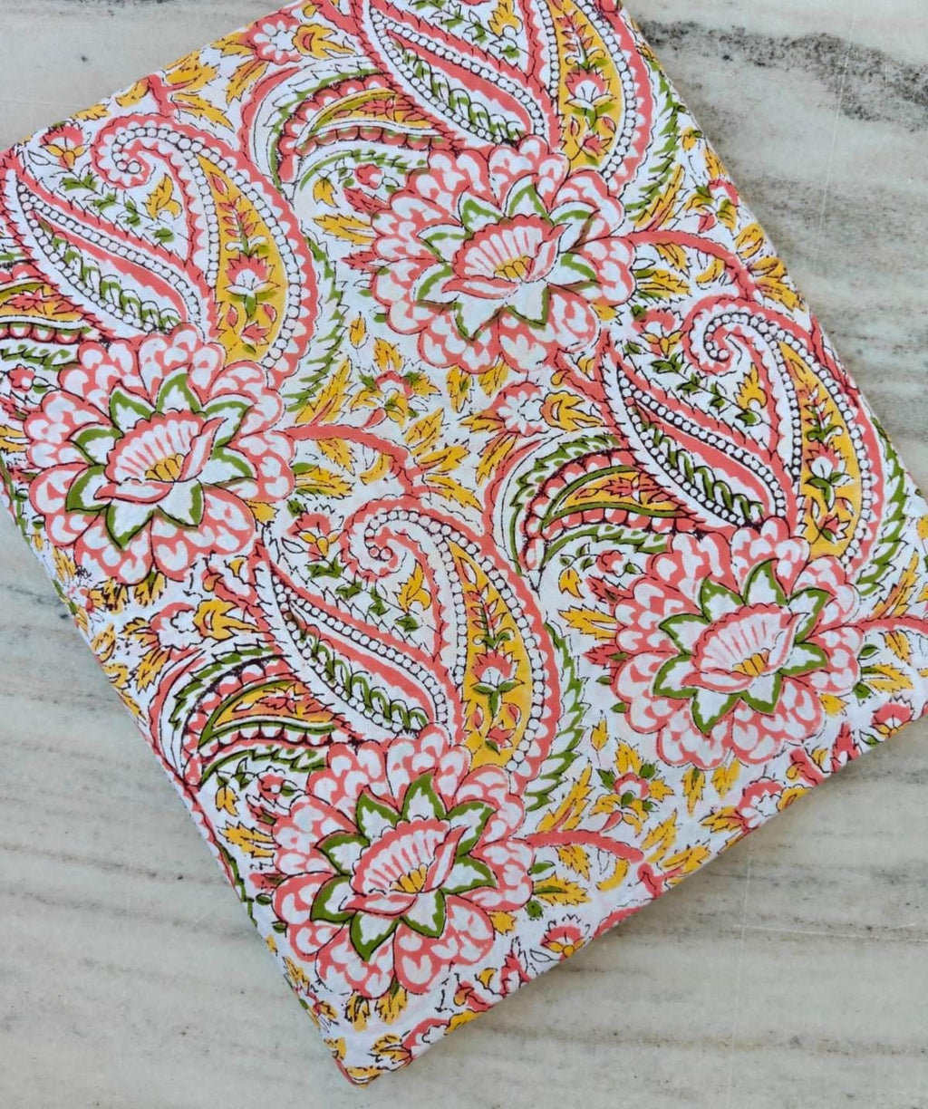 Indian Cotton Paisley Fabric, Floral Block Print Fabric, Handmade Cotton Fabric by Yard, Pink Yellow Floral Fabric, Craft Quilting Fabric