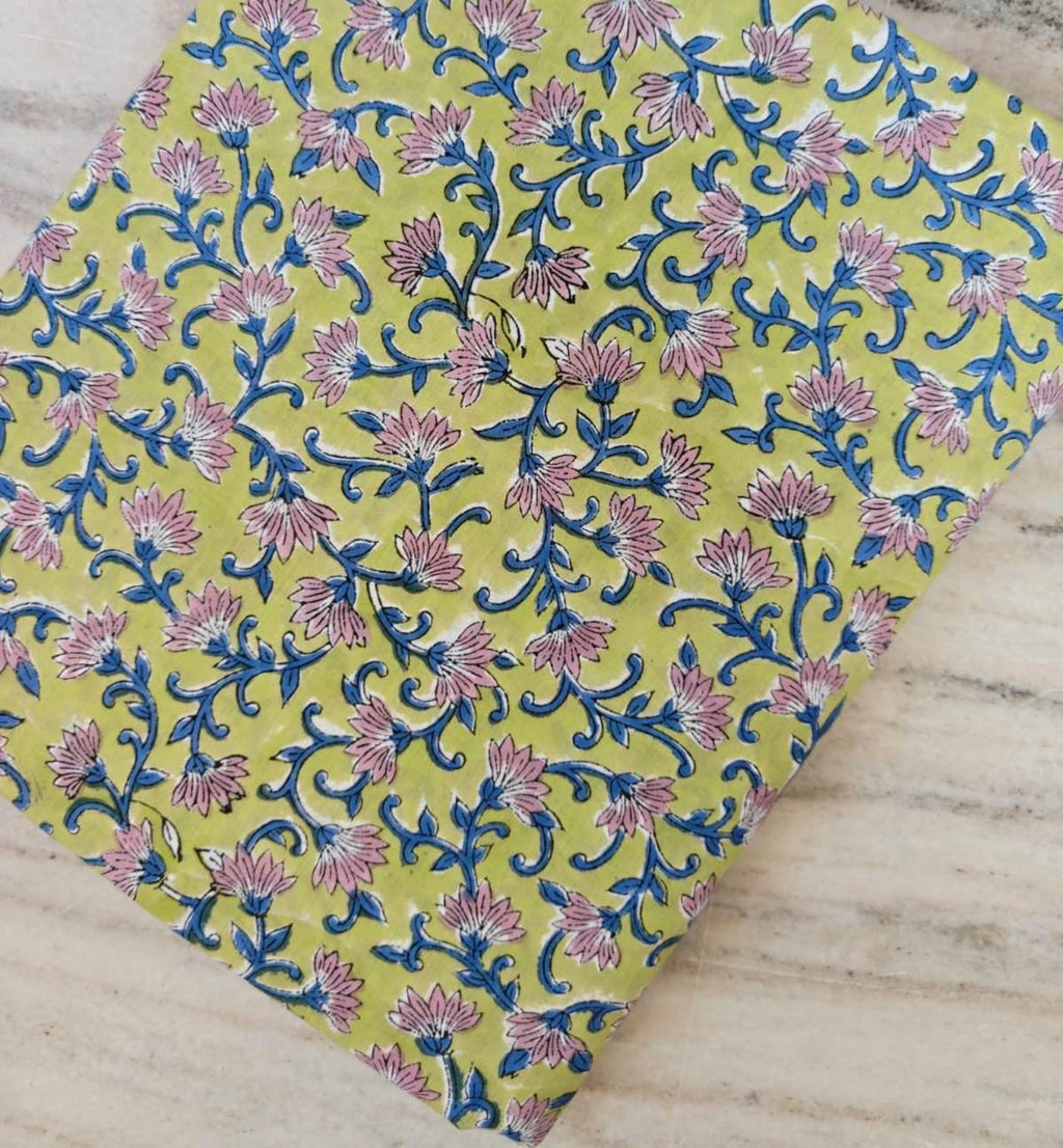 Lime Green Floral Block Print Cotton Fabric by the Yard, Pink Blue Indian Hand Printed Cotton, Boho Quilting Napkins, Runner, Tea Coaster