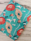 New Arrival Fabric Turquoise Floral Cotton Fabric by the Yard, Large Poppy Print Cotton, Teal Coral Flower Fabric, Loose Running Fabric