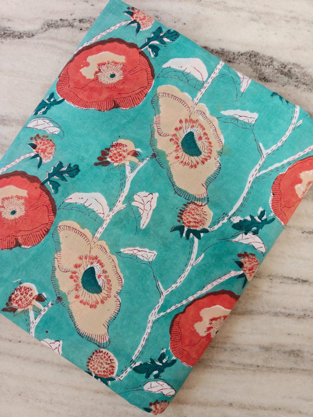 New Arrival Fabric Turquoise Floral Cotton Fabric by the Yard, Large Poppy Print Cotton, Teal Coral Flower Fabric, Loose Running Fabric